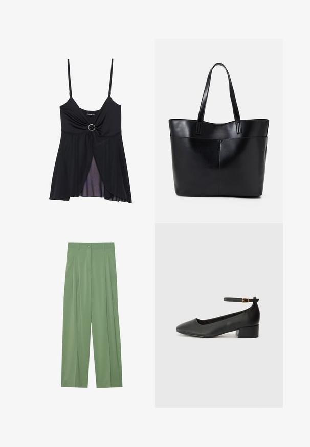 Crna majica na bretele s tankim trakama, dizajnom u obliku uvrtnutog čvora s centralnim prstenom i prozirnim slojevitim rubom. Izrađena od lagane tkanine.; Zelene široke hlače izrađene od glatkog materijala. Sadrže utkane nabore sprijeda, zatvaranje na jedan gumb i petlje za remen.; Crne kožne pumpe s oštrim vrhom i niskom blok petom. Sadrže remen oko gležnja s zlatnim kopčanjem. Glatka tekstura.; Crna kožna torba s dugim ručkama, glatkom teksturom i strukturiranim oblikom. Ima prednju džep za dodatno pohranu.