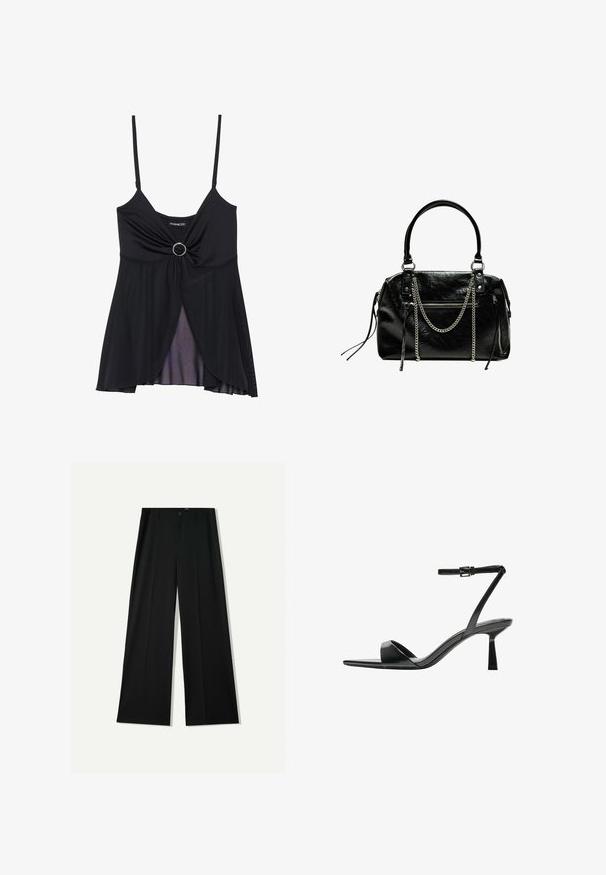 Camisole negru cu bretele subțiri, design cu nod răsucit și accent cu cerc central, având un tiv stratificat transparent. Fabricat dintr-un material ușor.; Bershka WIDE - Pantaloni - black; Bershka Sandale cu toc - black; Bershka WITH CHAIN - Geantă de mână - black