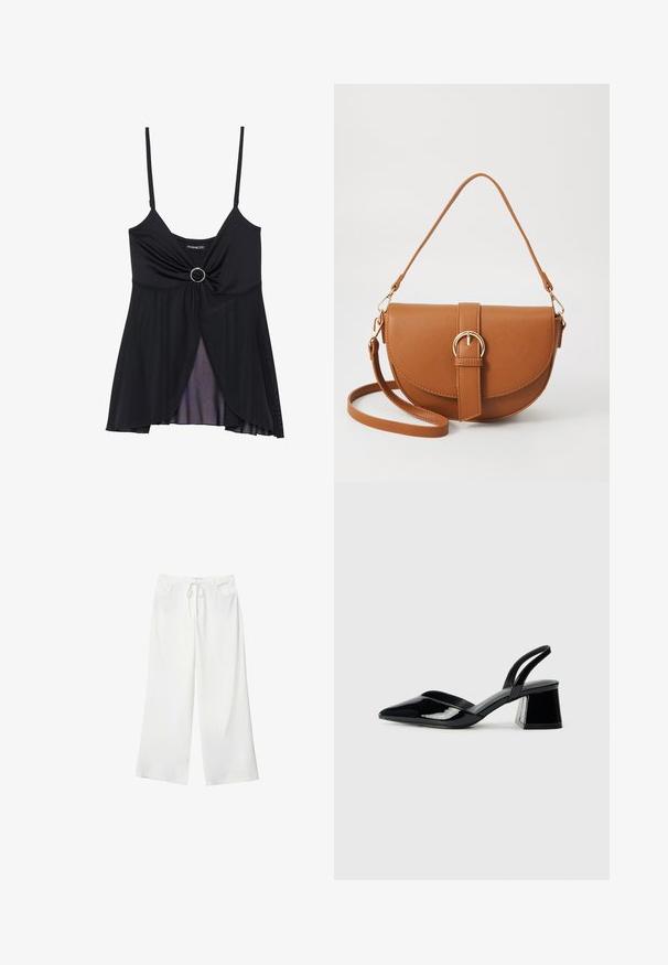 Sort camisole med tynde stropper, et snoet knudedesign med en central ring som accent, og en gennemsigtig lagdelt kant. Lavet af letvægtsstof.; Hvide bukser med vidde lavet af blødt stof, med bindebånd i taljen og to forlommer. Glat tekstur og uden synlige mønstre.; Sorte patentlæder slingback hæle med spids tå og en geometrisk blok hæl. Har et elegant, minimalistisk design og en glat tekstur.; Brun læder crossbody taske med en buet form, guldfarvet hardware og en spændeaccent. Har en aftagelig skulderrem.