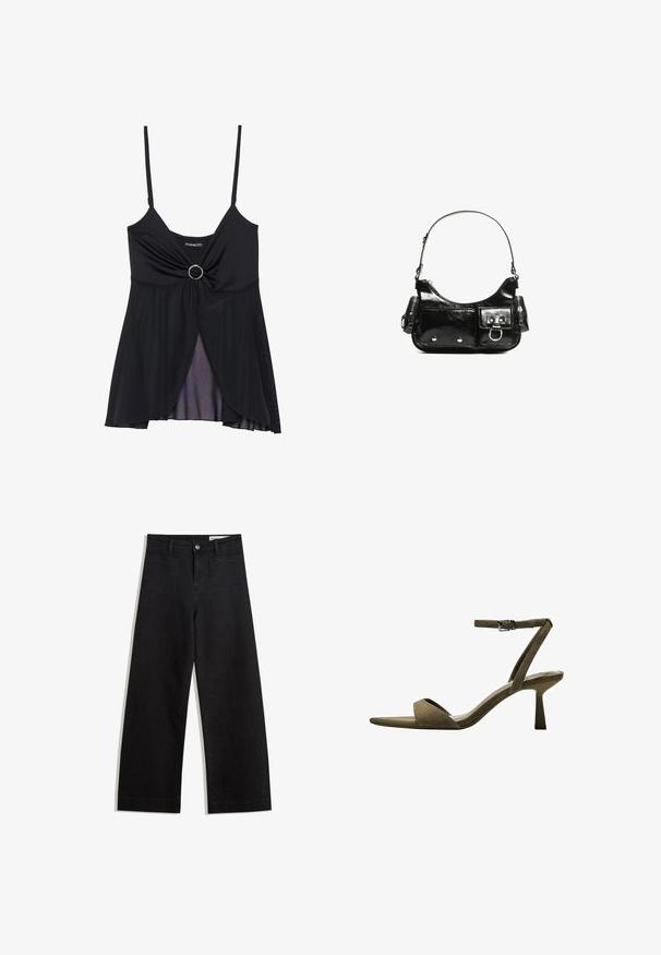 Svart spetstopp med tunna axelband, en tvinnad knutdesign med en central ringdetalj och en genomskinlig lagerkant. Tillverkad av lätt tyg.; Svarta vida denimbyxor med hög midja, med fram- och bakfickor, sydda sömmar och knappstängning. Slät textur.; Bershka WITH ANKLE STRAP - Sandaler - mottled green; Svart lackläderhandväska med en rundad form, en axelrem, framfickor och detaljer i silverfärg.