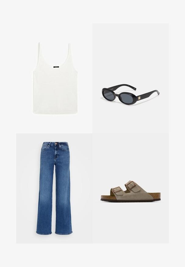 White tank top made of soft cotton, featuring a scoop neckline and thin straps. Simple, unadorned design with a straight hem.; Mid-blue high-waisted denim jeans with wide legs, button and zip closure, and front and back pockets, on plain light gray background.; Suede slide sandal in light grey with two adjustable buckles, a cork midsole, and a textured rubber outsole.; Black oval sunglasses with dark lenses, glossy plastic frame, wide arms, and a small gold accent on one side.; Gray leather handbag with dual handles, a detachable strap, smooth texture, and a metallic clasp in the front. Rounded shape and minimalist design.