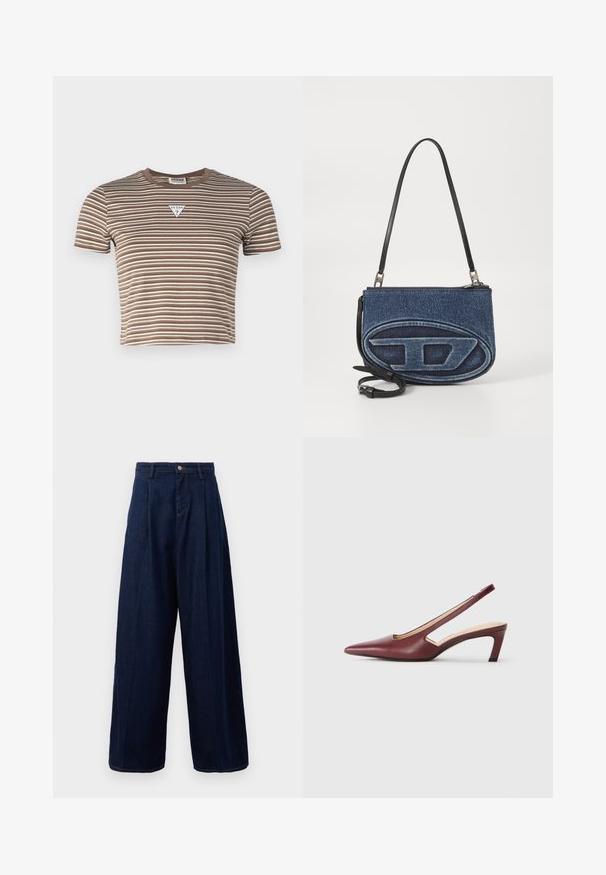 Guess Originals GO CORE STRIPE - Marškinėliai su spaudiniu - olive; Tamsiai mėlynos džinsinės plačios kojų kelnės su aukštu liemeniu, raukšlėtu priekiniu dalimi ir klasikine sagčių uždarymu, turinčios šonines kišenes ir kontrastingą siuvinėjimą.; Burgundiškai raudoni slingback aukštakulniai bateliai su smailiu pirštu, išpjovimais šonuose ir vidutinio aukščio blokiniu kulnu. Lygus odos paviršius.; Džinsinis per petį dėklas su juoda odine dirželiu, ovalo formos logotipas priekyje ir užtrauktuku viršuje. Su tekstūruota danga.