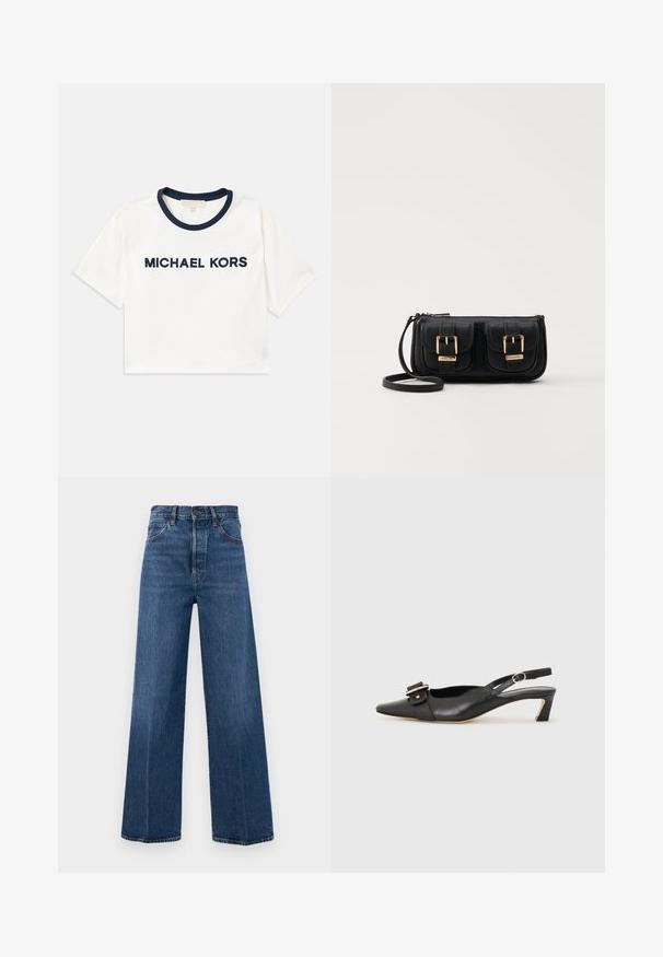Cropped white t-shirt with navy neckline, featuring "MICHAEL KORS" printed in navy. Made from soft cotton with short sleeves.; Wide-leg blue jeans made of denim with a high waist, front pockets, and contrast stitching. The fabric has a smooth texture.; Black leather slingback shoe with pointed toe, small heel, and decorative buckle detail on the upper. Smooth texture, minimalistic design.; Black leather crossbody bag with two front pockets, gold buckles, zipper closure, and a slim strap. Textured surface and compact rectangular shape.
