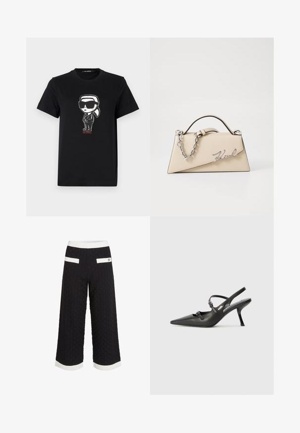 Svart bomullst-skjorte med grafikk av en figur i solbriller og dress. Enkel design med rund hals og korte ermer. Rød tekst under.; Sorte, kort bukser med et teksturert, vevd mønster. Har hvite aksentstriper ved livet og kanten, samt to baklommer.; Sorte skinn slingback-hæler med spiss tå, slank hæl og dekorativ spenne detalj på vampsiden. Glatt tekstur og stilrent design.; Beige lærveske med en strukturert, trekantet form, som har et sølvfarget kjedehåndtak og en skrifttype-logo i metall.