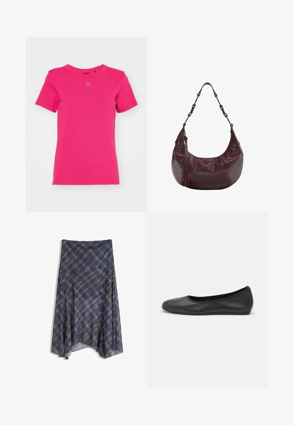 HUGO DELORIS - Jednoduché tričko - bright pink; Černá kostkovaná sukně s modrými a hnědými pruhy, volný design, střední délky, vyrobena z lehké látky s hladkou texturou.; Černé kožené baletní byty s kulatou špičkou, hladkou texturou, minimálními švy a flexibilním designem podrážky.; Burgundská kožená kabelka s kulatým tvarem, řetízkem a koženým popruhem, se sklady a zipovým uzávěrem na boku.