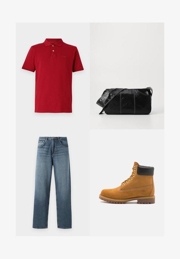 Piros pamut póló, klasszikus gallérral, rövid ujjú és finom hímzett logóval a mell részen. Simább textúra.; Egyenes szárú kék denim farmernadrág, kopott mosással, öt zsebes kivitelezéssel, fém gombbal és övhurkokkal. Közepes súlyú, strukturált anyag.; Barna velúr bokacipő fekete párnázott gallérral, arany fém fűzőlyukakkal, fehér varrási részletekkel és durva gumitalppal, amelynek kifejezett barázdái vannak.; Fekete bőr válltáska, cipzárral zárva, texturált felülettel, fehér varrással és ezüst fémgyűrűs pánttal.