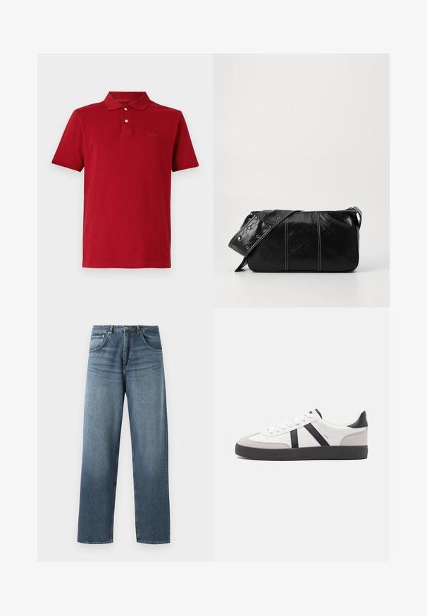 Piros pamut póló, klasszikus gallérral, rövid ujjú és finom hímzett logóval a mell részen. Simább textúra.; Egyenes szárú kék denim farmernadrág, kopott mosással, öt zsebes kivitelezéssel, fém gombbal és övhurkokkal. Közepes súlyú, strukturált anyag.; Fehér sneaker fekete és szürke részletekkel, textúrált szürke orr résszel, fekete gumitalppal és lapos fehér fűzőkkel. Tiszta dizájn, minimalista stílus.; Fekete bőr válltáska, cipzárral zárva, texturált felülettel, fehér varrással és ezüst fémgyűrűs pánttal.