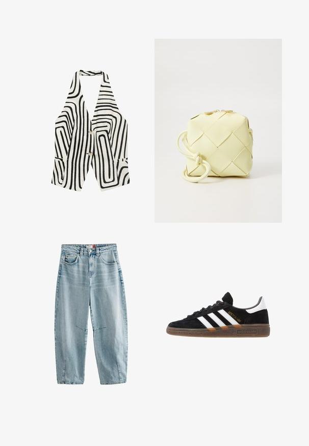 Mustat ja valkoiset hihattomat liivit, joissa on aaltoilu-kuuvi, kaksi etutaskua ja kaksi nappia keskellä. Valmistettu teksturoidusta kankaasta.; Vaaleansiniset farkut korkealla vyötäröllä, rento istuvuus, kaksi etutaskua, hienovarainen haalistuminen ja sivuaukot helmassa.; Mustat Adidas-nikeset, joissa on valkoiset raidat, kultaiset "Spezial"-tekstiset, kumipohja ja valkoinen kantapää, esitetty sivuprofiilissa.; Keltainen kudottu käsilaukku neliömäisellä muotoilulla, jossa on sileä pinta, koristeellinen solmittu hihna ja kultainen metalliosuus.