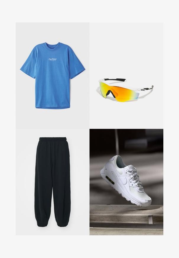 Sügavsinine puuvillane T-särk lühikeste varrukatega ja ümaral õlavarre avaga. Ees on valge "Penfield" logo. Sile ja hingav tekstuur.; Mustade elastse vöökoha ja laia lõikega dressipüksid, mansetiga sääred, sile tekstuur ning ilma nähtavate mustrite või detailideta.; Valged Nike Air Max 90 sneakers, millel on võrkkangast ja nahast ülemine osa, aukudega varbadosa ning nähtav õhuüksus kandades.; Valged spordiprillid kaardus disainiga, mustade kummist aktsentidega ja peegeldava oranži-kollase objektiiviga, mis üleminek siniseks.