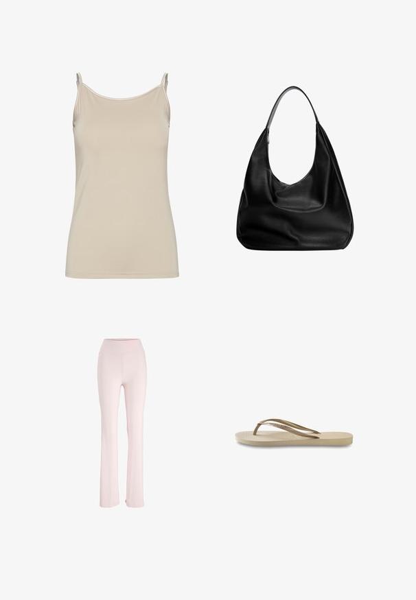 Egy sima anyagból készült bézs ujjú top vékony pántokkal, egyszerű, testhezálló fazonnal, letisztult nyakkivágással és minták nélkül.; Pale pink, lágy, rugalmas anyagból készült, bokánál szélesedő nadrág, magas derékkal és látható minták vagy fém részek nélkül.; Világos bézs szandál, textúrázott talprészel, lapos talppal és vékony, fényes pántokkal. Diszkrét logó található a pánton.; Fekete bőr hobo táska laza fazonban, széles vállpánttal és sima felülettel. Oldalán egy zipzáras záródással rendelkezik.