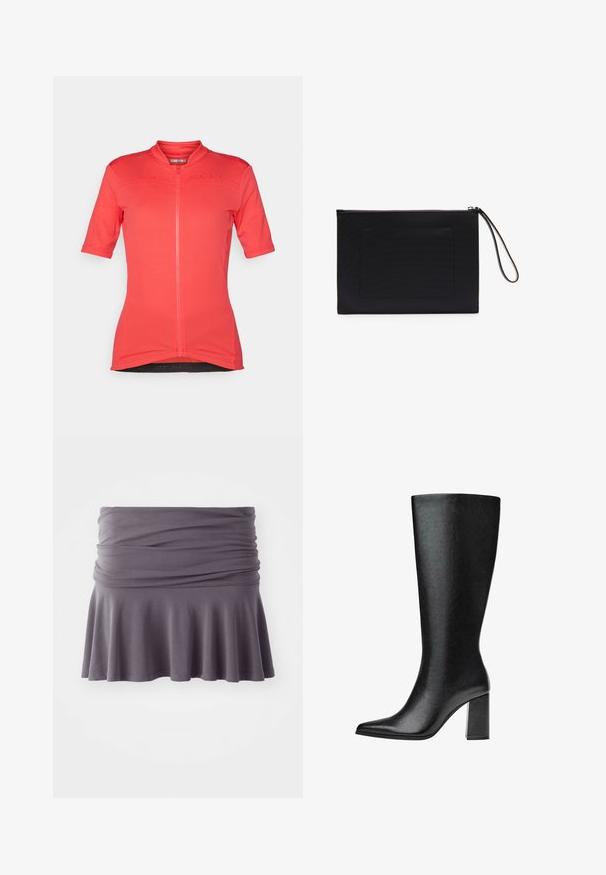 Kratki rukavi biciklistička majica u vibrantnoj koralnoj boji. Ima prednji patentni zatvarač, teksturirani materijal i suptilne detalje s logotipom. Prilagođava se struku.; Siva, suknja do koljena od mekog materijala s naboranim strukom i raširenim rubom. Ima glatku teksturu i jednostavan dizajn.; Crne čizme do koljena napravljene od umjetne kože s šiljastim vrhom, glatkom teksturom i debelom blok petom. Minimalistički dizajn bez vidljivih akcenata.; Crna clutch torbica od teksturirane tkanine pravokutnog oblika, s patentnim zatvaračem i ručnom trakom. Ima prednji džep.
