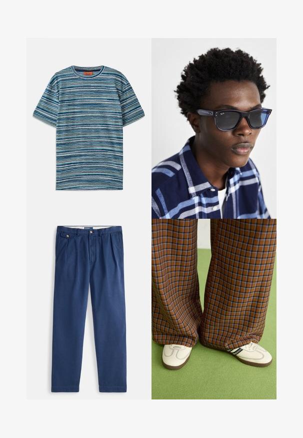 T-shirt de manga curta em tons de azul com padrão de riscas horizontais. Feita de tecido suave, apresenta um decote redondo e design texturizado.; Calças afuniladas azul-marinho feitas de tecido misto de algodão, com fecho de botão, dois bolsos frontais e textura suave.; Calças largas em padrão xadrez castanho e azul, combinadas com sapatos brancos com detalhes pretos e solas texturizadas, contra um fundo verde.; Óculos de sol Ray-Ban azuis com um acabamento brilhante, em forma quadrada e lentes escuras; usados com uma camisa xadrez em azul marinho e azul claro.