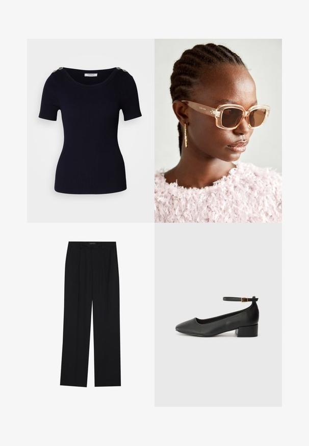 Tums zils ribots adīts īsu piedurkņu tops ar plašu kakla izgriezumu un dekoratīvām zelta pogām uz pleca. Gluda tekstūra un pieguļoša siluets.; Melni bikses ar taisnu kāju dizainu, kurām ir divi priekšējie kabatas un jostasvieta. Izgatavotas no gludas, vieglas auduma.; Melnas ādas sūkņi ar smailu purngalu un zemu bloku papēdi. Iezīmēts ar potītes siksniņu ar zelta krāsas sprādzi. Gluda tekstūra.; Beige pārspīlētas saulesbrilles ar caurspīdīgu rāmi un brūnām tonētām lēcām, ar smalkām ziedu akcentiem un izteiksmīgu ģeometrisku dizainu.