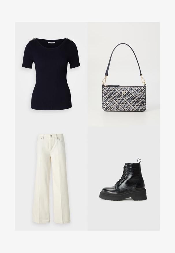 Tamsiai mėlynas raukšlėtas trikotažinis trumpomis rankovėmis viršus su plačiu iškirpimu ir dekoratyviniais auksiniais mygtukais ant peties. Pavyzdinis tekstūra ir prigludusi siluetas.; Platūs balti džinsai, pagaminti iš medvilnės mišinio. Yra užtrauktukas, penkių kišenių dizainas ir siūlės išsiuvinėjimas.; Juodi aulinukai iki kulkšnies su blizgiu paviršiumi, turintys masyvų platformos padas ir kaklaraiščio dizainą, akcentuojantys prekės ženklą "TOMMY."; Stačiakampis rankinukas su tamsiai mėlynu ir kreminiu geometriniu raštu, tekstūruota medžiaga, auksiniai aksesuarai ir viena tamsiai mėlyna petneša.