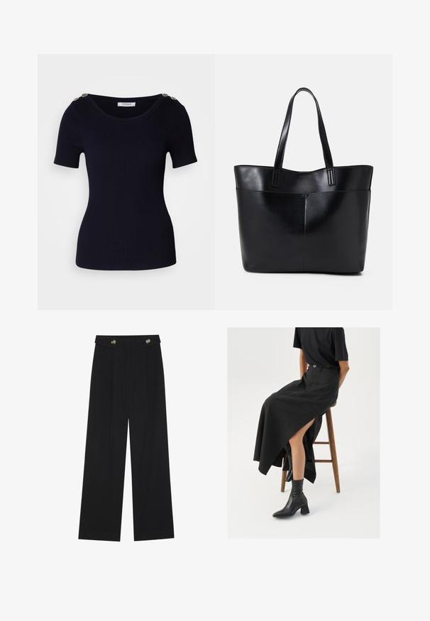 Top scurt cu mâneci scurte, de culoare albastru închis, tricotat cu dungi, ce are un decolteu larg și butoane decorative aurii pe umăr. Textură netedă și siluetă ajustată.; Pantaloni negri cu picioare largi, talie înaltă, detalii cu butoane pe talie și pliseuri în față.; Fustă maxi din in negru cu o fanta înaltă, purtată cu un tricou negru și cizmulițe negre până la gleznă. Design minimalistic cu o croială lejeră.; Geantă oversized din piele neagră, cu două mânere lungi, de textură netedă și formă structurată. Are un buzunar frontal pentru stocare suplimentară.