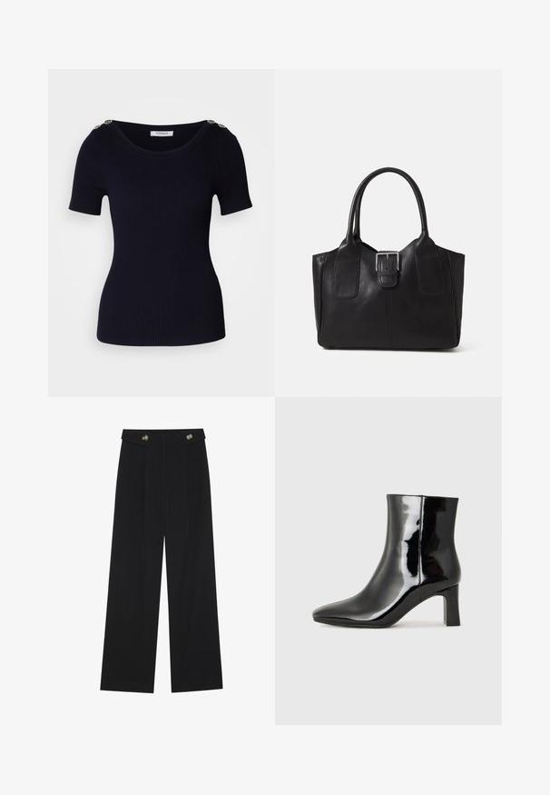 Námornícky modrý rebrovaný úpletový krátky rukáv s širokým výstrihom a dekoratívnymi zlatými gombíkmi na pleciach. Hladká textúra a priliehavý strih.; Čierne široké nohavice s vysokým pásom, so zapínaním na gombíky na páse a prednými sklady.; Čierne lakované členkové topánky s špicatou špičkou a stredne vysokým blokovým podpätkom. Hladká textúra a minimalistický dizajn.; Čierna kožená taška s hladkou textúrou, štruktúrovaným tvarom, dvoma uchami a výrazným strieborným prackovým detailom na prednej strane.