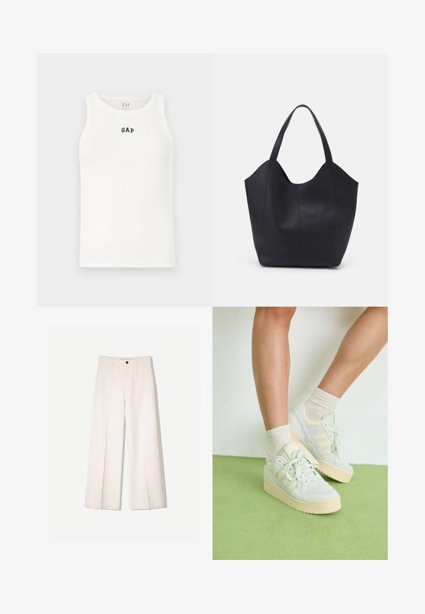 Valkoinen ribbiteksturilla varustettu tankkitoppi, jossa on pyöreä pääntie ja pieni musta "GAP"-logo edessä. Pehmeä kangas, hihaton muotoilu ja tavanomainen istuvuus.; Kerman leveletut housut räätälöidyllä designilla, joissa on kaksi etutaskua ja yksi etunapituksilla, valmistettu sileästä kankaasta.; Vaaleanvihreät tennarit, joissa on tekstuuripinta, kolme valkoista raitaa, vaalea kumipohja ja nauhakiinnitys. Yhdistetty vaaleisiin sukkiin.; Mustat kangaskassit, jotka on valmistettu sileästä nahasta, jossa on kaareva, avoin yläosa, kaksi olkahihnaa ja minimalistinen muotoilu.