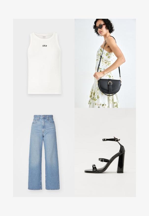 Witte geribde tanktop met een ronde halslijn, voorzien van een klein zwart "GAP" logo op de voorkant. Zachte stof, mouwloos ontwerp en standaard pasvorm.; Lichtblauwe high-waist wijde jeans met een knoop- en ritssluiting aan de voorkant, voor- en achterzakken, op een witte achtergrond.; Zwarte patent lederen sandalen met hoge hakken, twee gespenbanden, een vierkante neus en een stevige blokhak, met een gladde, glanzende textuur.; Zwarte leren handtas met een gebogen vorm, afneembare schouderband en gouden hardware. De tas heeft een klep met een gespsluiting.