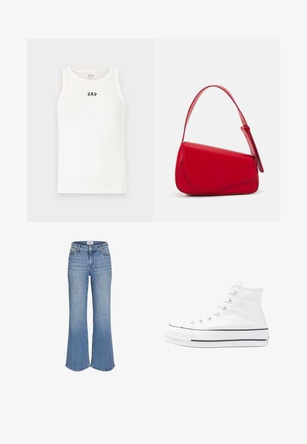 Biela rebrovaná tielko s okrúhlym výstrihom, na prednej strane s malým čiernym logom "GAP". Mäkká látka, bezrukávový dizajn a klasický strih.; Svetlo modré riflové nohavice s rozšírenými nohavicami a vysokým pásom, s prednými vreckami, zipsom a jemným vyblednutím. Švy sú viditeľné pozdĺž okrajov.; Biele vysoké plátené tenisky s čiernou gumovou podošvou, prednou gumovou špičkou a šiestimi okami na šnúrky, s čistým, minimalistickým dizajnom.; Červená kožená kabelka s ostrým, geometrickým dizajnom. Má jeden nastaviteľný popruh a uzatváranie na klopu so šitím.