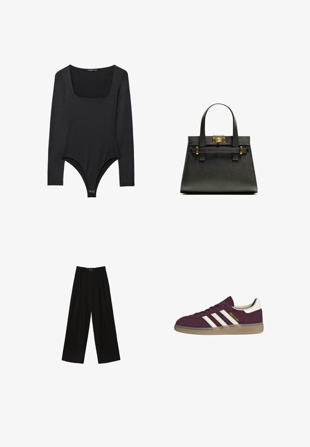 Čierny body s dlhým rukávom a štvorcovým výstrihom, so zapínaním na cvočky v oblasti rozkroku, rozložený na bielom pozadí.; Čierne široké nohavice s vysokým pásom, vybavené pásom v páse a sklady pre textúru. Vyrobené z hladkej, ľahkej látky.; Bordový semišový tenisk s bielymi tromi pruhmi a béžovými akcentmi. Má textúrovanú gumovú podrážku a zlaté logo na boku.; Čierna textúrovaná taška s krátkymi uchami, s kovovým zapínaním a akcentmi v zlatej farbe. Dizajn je štruktúrovaný, s geometrickým siluetou.