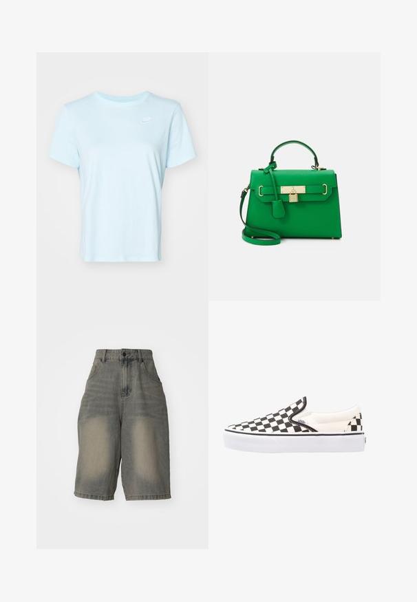 Nike Sportswear CLUB TEE - Basic póló - glacier blue/white; Jaded London LIGHT WASH JUMBO JORTS - Farmer rövidnadrágok - light wash; Fekete-fehér kockás slip-on Vans cipők vászon felsőrésszel, gumitalppal és párnázott bokavéggel. Lapos, kerek orr és fehér talprész.; Zöld bőr kézitáska strukturált designnal, aranyhardverrel, felső fogantyúval és levehető vállpánttal. Zár díszítéssel és texturált felülettel rendelkezik.