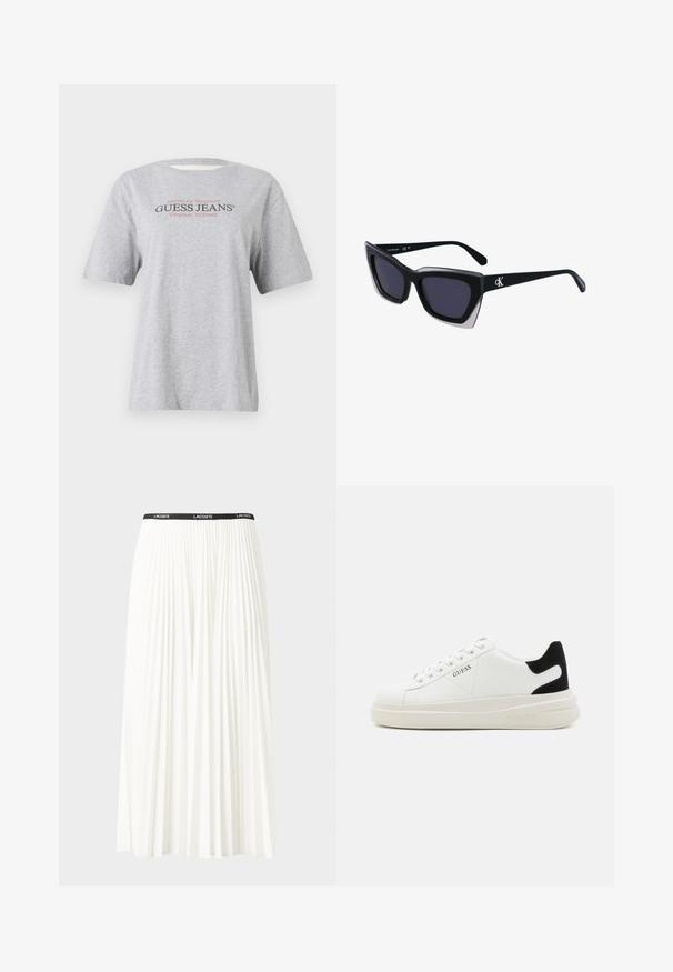 Grå T-skjorte med korte ermer som har teksten "American Tradition GUESS JEANS® ORIGINAL DESIGNS" i svart og rødt.; Plissert hvit skjørt med en svart elastisk midje som har "LACOSTE"-logoen. Midjelengde design med myk tekstur.; Hvite lær sneakers med tykk hvit såle, svart semsket hælforsterkning og preget logo på siden. Snøresystem med seks hull.; Store svarte solbriller i overdimensjonert størrelse med geometrisk form, med mørke linser og en kontrasterende grå detalj på rammen. Logo på armen.