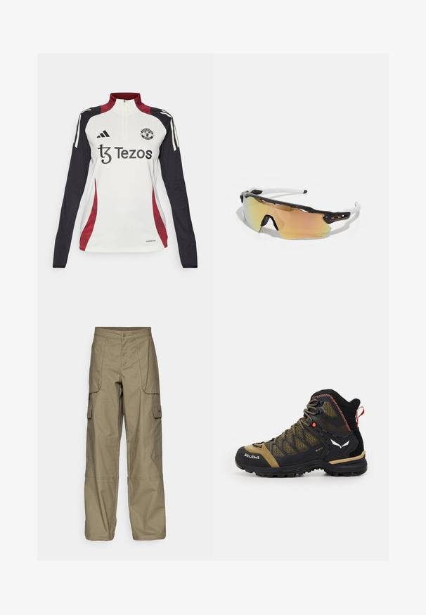 Vitt långärmat tröja med hög krage, svarta och röda accenter, med Manchester United-logotypen och Tezos-märket. Aeroready-material.; Cargo byxor i olivgrön tyg, med en lös passform, flera sidofickor och en knappstängning i midjan. Slät textur.; Mellanhöjd vandringssko i svart och olivgrön, med ovandel i lättviktigt nätmaterial, gummisula och texturerade detaljer samt en draglapp baktill.; Solglasögon med en svart och vit ram, stora spegelglas med gyllene och rosa nyanser, aerodynamisk design och en förlängd ytterkant.