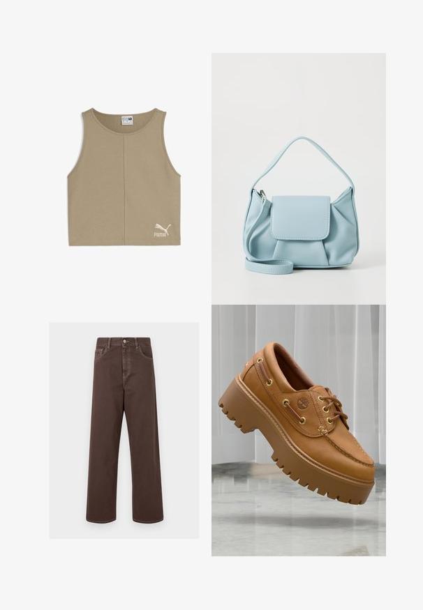 Beige ærmeløs top med et tekstureret ribbet mønster, rund halsudskæring og PUMA-logo i hvid på den forreste nederste venstre side.; Brune bredbense denimbukser med kontrastsyninger, fem lommer og metalknaplukning. Glat tekstur, lige snit.; Brune læder platform sko med kraftige, ribbede såler, gyldne metaløjer og et enkelt, syet design. Har et lille logo på siden.; Lyseblå læderhåndtaske med en top håndtag, frontlomme med klap og detachable håndledsrem på en hvid baggrund.