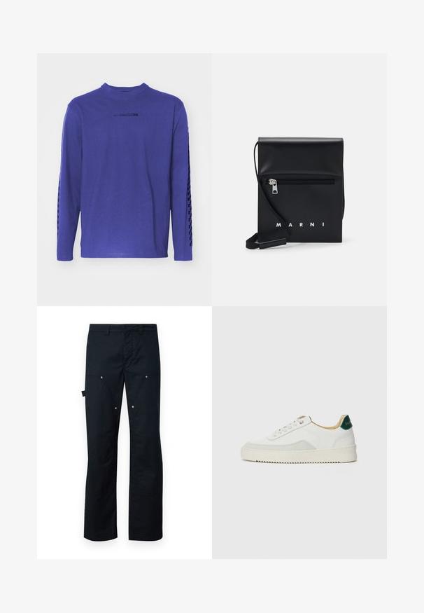 Lila langärmliges T-Shirt aus Baumwolle mit Rundhalsausschnitt und einem gemusterten Akzent entlang der Ärmel sowie einem Logo auf der Brust.; Schwarze Cargo-Hosen aus robustem Material, mit geradem Schnitt, mehreren Taschen und dezenten silbernen Hardware-Details.; Weiße Sneaker mit Wildlederelementen, runder Zehenpartie, flachen Schnürsenkeln und einer cremefarbenen Gummisohle. Mit grünen Markenlogo am Fersenbereich.; Schwarze Leder-Crossbody-Tasche mit einer Reißverschlusstasche vorne, geprägtem Logo und verstellbarem Tragegurt. Glatte Oberfläche mit strukturierter Form.