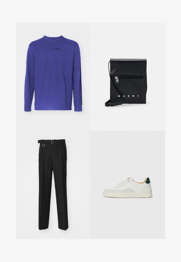 Paarse t-shirt met lange mouwen van katoen, met een ronde hals en een patroonaccent langs de mouwen, inclusief een logo op de borst.; Études LOOSE SUIT PANT - Pantalon - black; Witte sneaker met suède accenten, ronde neus, platte veters en een crème rubberen zool. Bevat groene branding op de hiel.; Zwarte leren schoudertas met een ritsvak aan de voorkant, reliëflogo en verstelbare schouderband. Soepele textuur met een gestructureerde vorm.