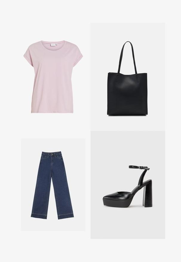 Roza majica iz mehke tkanine, z okroglo ovratnico in zavihki kratkih rokavov. Naravnost krojena, nekoliko ohlapnega kroja.; Široke traperice v temno modrem denimu. Imajo pet žepov, zanke za pas in surov rob na dnu z vidnimi šivi.; Črne platforme z visokimi petami in koničastim nosom ter nastavljivim gležnjenjskim trakom. Narejene iz gladke usnje, s kockasto peto.; Črna usnjena torba s svilnato teksturo, pravokotne oblike in dvema dolgima ročajema. Brez vidnih metalnih delov ali okrasnih elementov.