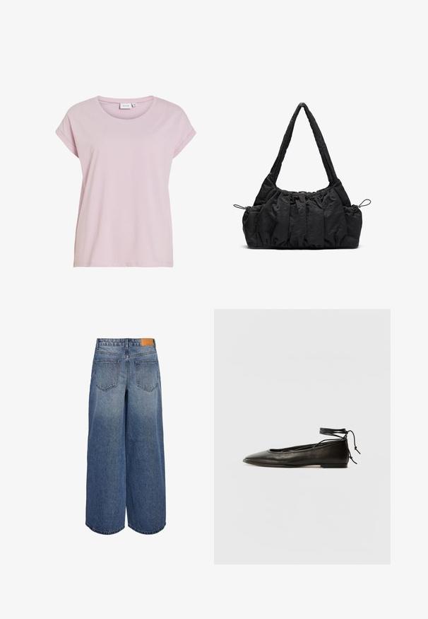 Rožinė marškinė, pagaminta iš minkštos medžiagos, su apvaliu iškirpimu ir suktomis trumpomis rankovėmis. Tiesus kirpimas su šiek tiek laisvesniu siluetu.; Plačios džinsinės kulotės vidutinio mėlyno skalbimo su išblukusia tekstūra, turinčios dvi užpakalines kišenes ir rudą odinę prekinę etiketę ant juosmens.; Juodi odiniai balerinų bateliai su smailiu pirštu, kulkšnies raiščiu ir plokščiu padu, pasižymintys lygiu paviršiumi ir minimalizmo dizainu.; Juodas audinio rankinukas su suraizgytu tekstūru, dviem petinėmis rankenomis ir raišteliu šonuose. Sklandus, lengvas audinys.