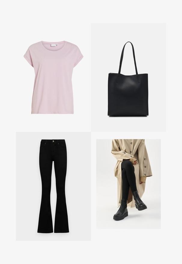 Roza majica od mekog materijala, s okruglim izrezom i kratkim rukavima koji se preklapaju. Ravnog kroja s lagano širokim fitom.; Crne traperice viskog struka s kopčanjem na gumb i rajfeslusu, prednjim džepovima i širom nogavicama položene su ravno na bijeloj pozadini.; Crne kožne gležnjače s detaljima vezanja, podignutom platformom, i teksturiranim crnim tajicama, nosi se uz svijetlu bež trench kapu.; Crna kožna torba za nošenje s glatkom teksturom, pravokutnim oblikom i dvije duge ručke. Nema vidljivih metalnih dijelova ili ukrasa.