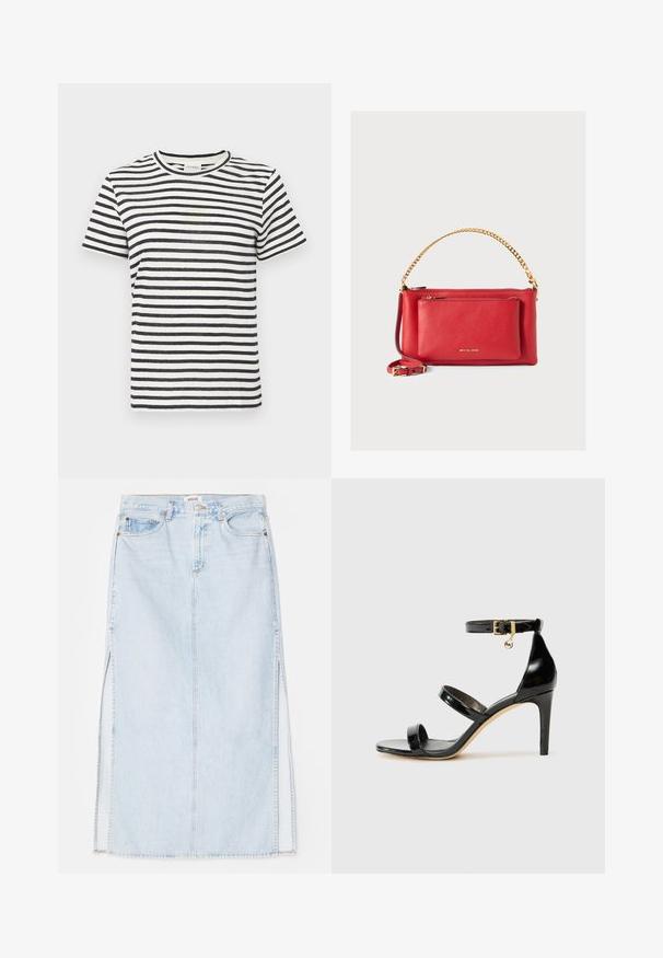 Striped t-shirt featuring navy blue and off-white horizontal lines, round neckline, short sleeves, and soft fabric texture.; Black leather shirt with a button-up front, pointed collar, and two chest pockets. Features a loose fit and smooth texture.; Light blue denim maxi skirt with a straight cut, featuring side slits and five-pocket design. Prominent stitching and metal button closure.; Black patent leather sandal with three straps, ankle buckle, and 4-inch stiletto heel. Features gold hardware detail and logo charm.; Red leather handbag with a textured finish, gold chain and strap, front zipper pocket, and embossed logo. Compact and structured design.