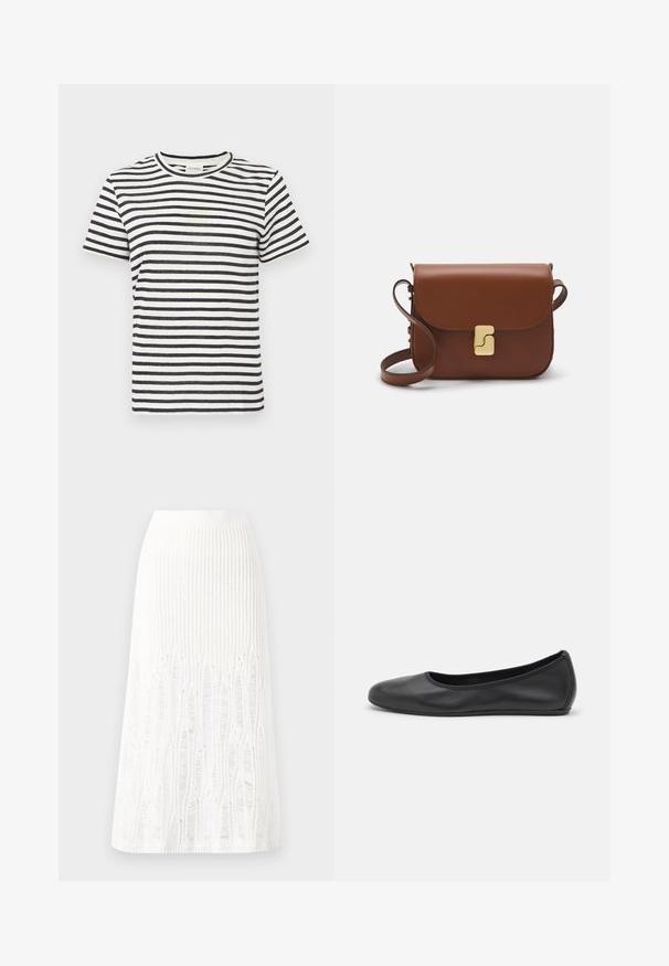 Camiseta listrada com riscas horizontais em azul-marinho e off-white, gola redonda, mangas curtas e textura de tecido suave.; Saia midi branca de malha com um padrão texturizado com linhas verticais e detalhes recortados perto da bainha. Cintura elástica. Material suave.; Bailarina preta em pele com bico arredondado, textura suave, detalhe de costura minimalista e design de sola flexível.; Bolsa de couro castanho com fecho de aba, decoração em tom dourado, alça de ombro e textura suave. Formato retangular compacto.