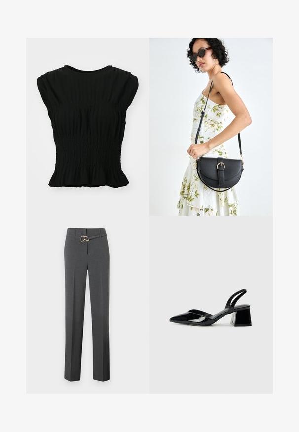 Fekete, rövid ujjú blúz struktúrált anyagból, deréknál ráncolt smockkal és fodros szegéllyel. Kerek nyakkivágás.; Sötétszürke, szabott női nadrág egyenes lábakkal, vékony, azonos színű övvel, arany színű csattal.; Fekete lakk bőr szandálkés magas sarkú cipő, hegyes orral és geometrikus tömbsarkakkal. Karcsú, minimalista dizájn és sima textúra jellemzi.; Fekete bőrtáska ívelt formával, levehető pánttal és arany színű fémrészekkel. A táskán egy csattal díszített fedél található.