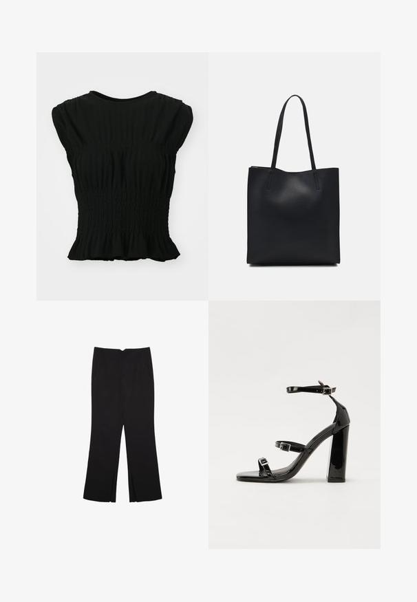 Čierny krátky rukáv top vyrobený z textúrovanej látky s nariaseným smockom v oblasti pása a volánom na spodnom okraji. Okrúhly výstrih.; Čierne nohavice so strihom rovného strihu, s prednými vreckami a bočnými rozparkami na leme. Vyrobené z mäkkej, hladkej tkaniny. Vhodné na rôzne príležitosti.; Čierne lakované sandále na podpätku so štvorcovou špičkou, navlečenými remienkami okolo členku a striebornými prackami. Disponujú masívnym blokovým podpätkom pre stabilitu.; Čierna kožená taška na rameno s hladkým povrchom, obdĺžnikovým tvarom a dvoma dlhými uchami. Bez viditeľného kovania alebo ozdôb.