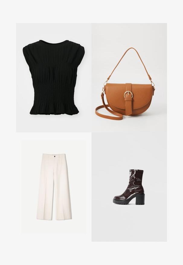 Black short-sleeve top made from textured fabric with gathered smocking at the waist and a ruffled hemline. Rounded neckline.; Cream wide-leg trousers with a tailored design, featuring two front pockets and a single front button closure, made from smooth fabric.; Glossy burgundy ankle boot with a chunky black heel, featuring a smooth texture and simple design. No visible fastenings or patterns.; Brown leather crossbody bag with a curved shape, gold hardware, and a buckle accent. Features a detachable shoulder strap.