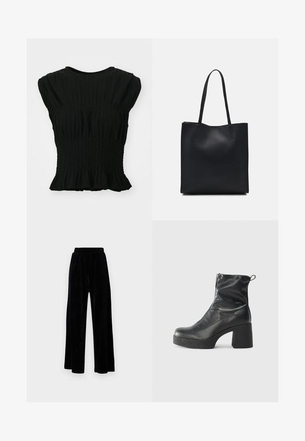 Fekete, rövid ujjú blúz struktúrált anyagból, deréknál ráncolt smockkal és fodros szegéllyel. Kerek nyakkivágás.; Fekete, széles szárú nadrág puha velúrból, rugalmas derékkal és sima textúrával, látható díszítés vagy mintázat nélkül.; Fekete bokacsizmák sima bőrből, oldalsó cipzárral, vastag, texturált sarkú és lekerekített orrú dizájnnal.; Fekete bőrtáska sima felszínnel, téglalap alakú, két hosszú füllel. Nincs látható fémkiegészítő vagy díszítés.