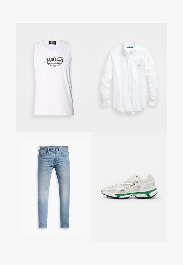Fehér ujjatlan póló, pamutból készült, amelyen fekete grafikával szerepel a "MNG Paradise Disco Dancing Club" szöveg, vastag, ívelt betűtípussal.; Fehér, hosszú ujjú, gombos férfiing pamutból. Klasszikus gallérral, gombos mandzsettával és egy kis sötétkék hímzett logóval a mellrészen.; Világoskék, slim fit farmernadrág enyhe kopással a combokon, elöl gombos záródással, övbujtatókkal és öt zsebbel, fehér háttérrel.; Fehér sneaker zöld részletekkel és fekete gumitalppal. Háló és szintetikus panelek találhatók rajta, texturált felülettel és látható varrással.