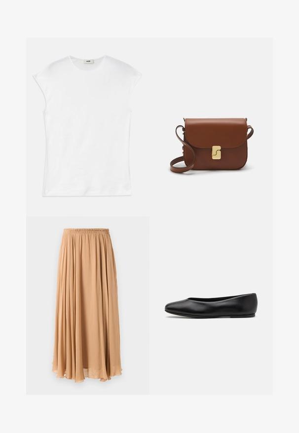 White short-sleeve t-shirt made of cotton. Features a round neckline and a smooth, soft texture with a relaxed fit. No patterns or accents.; Maxi skirt in light beige, made of flowy fabric. Features a gathered elastic waistband and soft pleats for movement.; Paul Smith TOPANGA - Ballet pumps - black; Brown leather handbag with a flap closure, gold-tone hardware, a shoulder strap, and a smooth texture. Compact rectangular shape.