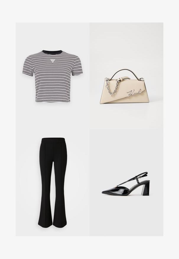 Svart og hvit stripete t-skjorte med kort erm og rund halslinning, samt en trekantet logo-patch på brystet. Mykt bomullsmateriale.; Svarte vide bukser laget av et elastisk materiale med en glatt tekstur, og har sømdetaljer langs fronten for ekstra design.; Sorte lakkormede slingback høye hæler med spiss tå, justerbar stropp og kraftig rektangulær hæl.; Beige lærveske med en strukturert, trekantet form, som har et sølvfarget kjedehåndtak og en skrifttype-logo i metall.