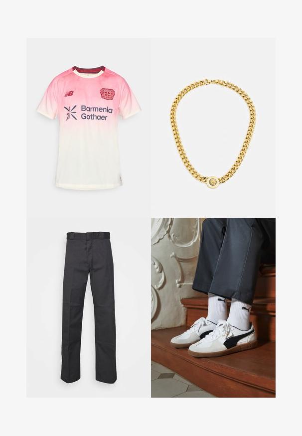 Világos rózsaszín és fehér átmenetes sportmez rövid ujjakkal, New Balance logóval, Bayer Leverkusen címerével és a "Barmenia Gothaer" szponzorral.; Fekete nadrág tartós anyagból, egyenes szárú kivitelben, övhurkokkal ellátott derékkal és további textúrát adó varratokkal.; Fehér és fekete velúr Puma sportcipők, barna gumitalppal. Fehér zoknival párosítva, amely fekete logót visel, sötét nadrággal kombinálva.; Arany lánc nyaklánc nagy, egymásba fonódó gyűrűkkel, középen egy kiemelkedő emblémával ellátott kört alakító medállal.