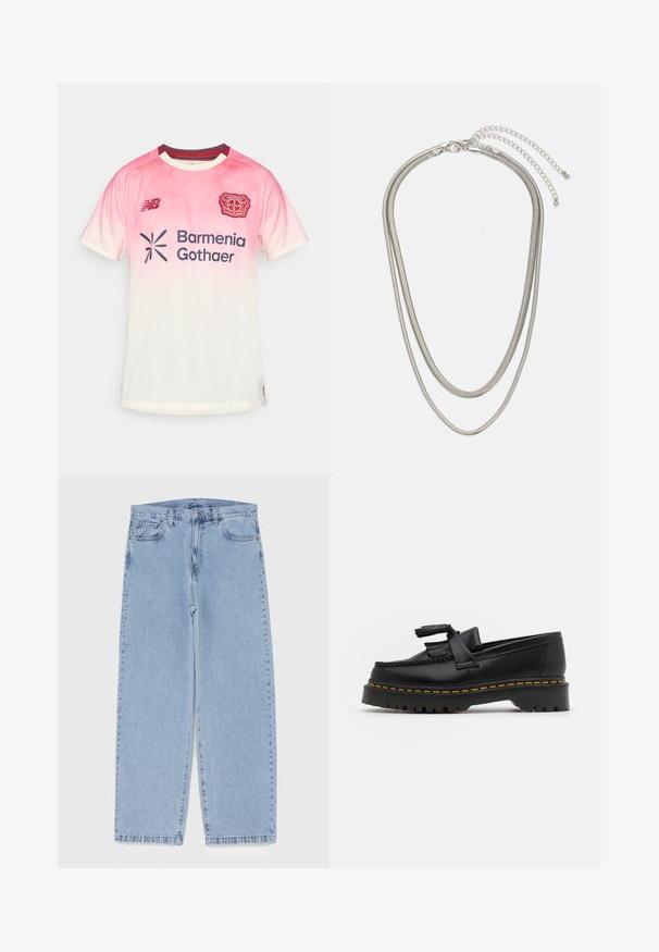 Tricou sport cu mâneci scurte, în gradient de roz deschis și alb, cu logo-ul New Balance, blazonul Bayer Leverkusen și sponsorul „Barmenia Gothaer.”; Jeans din denim de culoare albastru deschis, cu un design cu picioare drepte, având talie medie, cinci buzunare și un sistem de închidere cu nasture și fermoar.; Mocasini din piele neagră cu un accent ciufulit, având o talpă groasă neagră și cusături galbene pe margine. Finisaj texturat.; Colier din metal argintiu în trei straturi, cu lanțuri elegante și flexibile, cu un ușor luciu, asigurat cu un închizător de tip homar și un lanț ajustabil.