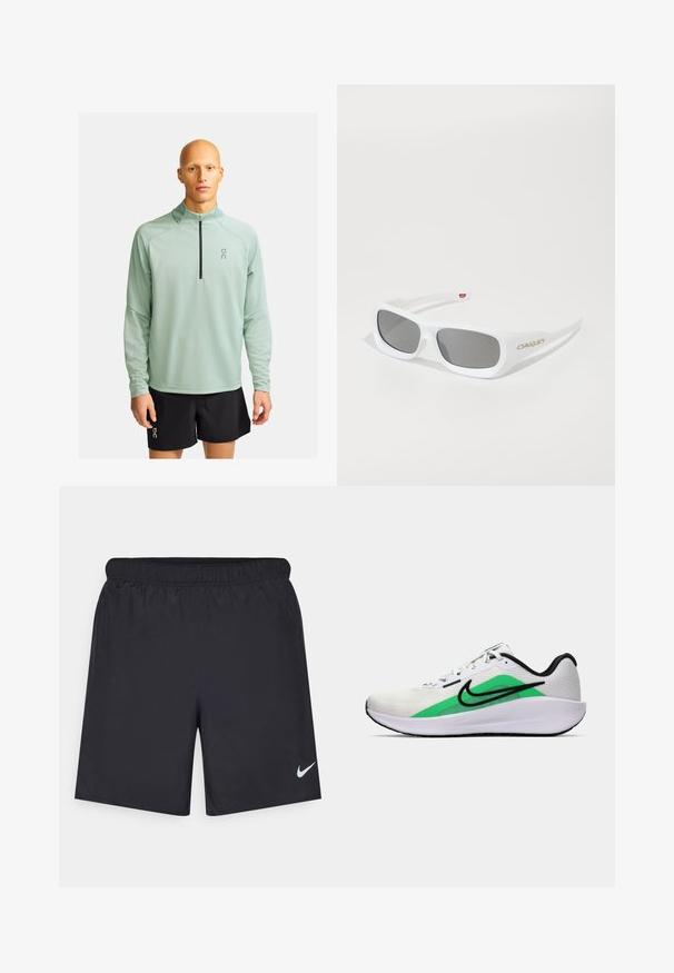 On CLIMATE  - Hosszú ujjú felső - cobble; Fekete sportnadrág könnyű anyagból, rugalmas derékkal. A bal alsó oldalon egy kis fehér Nike-logó található.; Fehér sportcipő zöld akcentussal, fekete logóval, hálós felsőrésszel, párnázott talppal és kerek sarkú kialakítással. Felszereltségében fűzők és kontrasztos részletek találhatók.; Fehér, téglalap alakú Oakley napszemüveg sötét lencsékkel, fehér felületen pihen, a logo az oldalon látható.