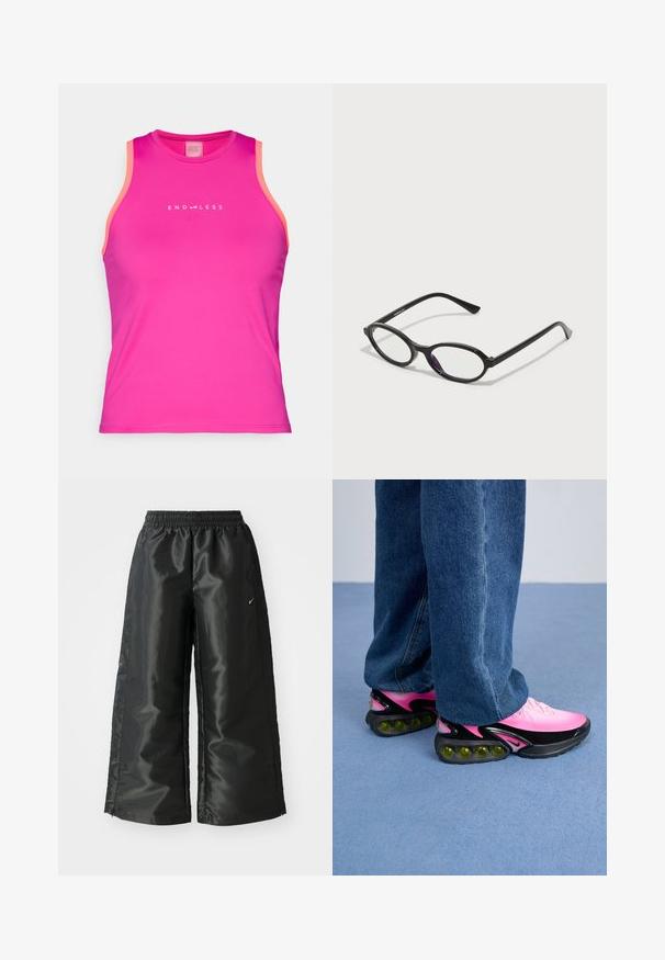 Endless ESSENTIAL - Felső - deep fucsia; Fekete sportnadrág fényes, sima anyagból, rugalmas derékkal, széles lábakkal és egy kis logóval a bal oldalon.; Sportcipő, amelynek pink színű, árnyékolt felső része van, fekete részletekkel és masszív talppal, amely látható zöld párnázó buborékokkal rendelkezik. Kék farmernadrággal viselve.; Fekete ovális keretű szemüveg, átlátszó lila díszítéssel a lencséken. A keretek matt felületűek, és karcsú, egyenes szárakkal rendelkeznek.