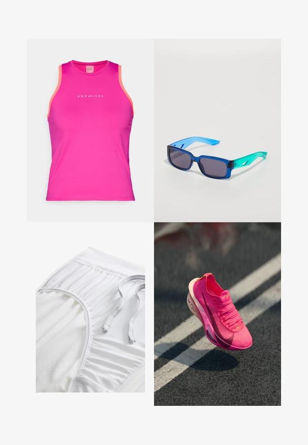 Endless ESSENTIAL - Toppi - deep fucsia; Valkoiset urheilushortsit, joissa on teksturoidut vyötärönauhat, poimutetut sivuyksityiskohdat ja tasainen nyöri. Pehmeä kangas, jossa on sileä pinta.; Urheilusandaalit kirkkaan vaaleanpunaisesta neulotusta materiaalista, jossa on tekstuuripinta, verkkomateriaali päällä ja valkoinen välipohja. Täydennystä tuo tumman vaaleanpunainen swoosh-logo.; Siniset ja vihreät aurinkolasit, joissa on suorakulmaiset linssit; läpinäkyvät kehykset; teksturoidut siniset varret; tummat linssit; huomattava brändäys sivussa.