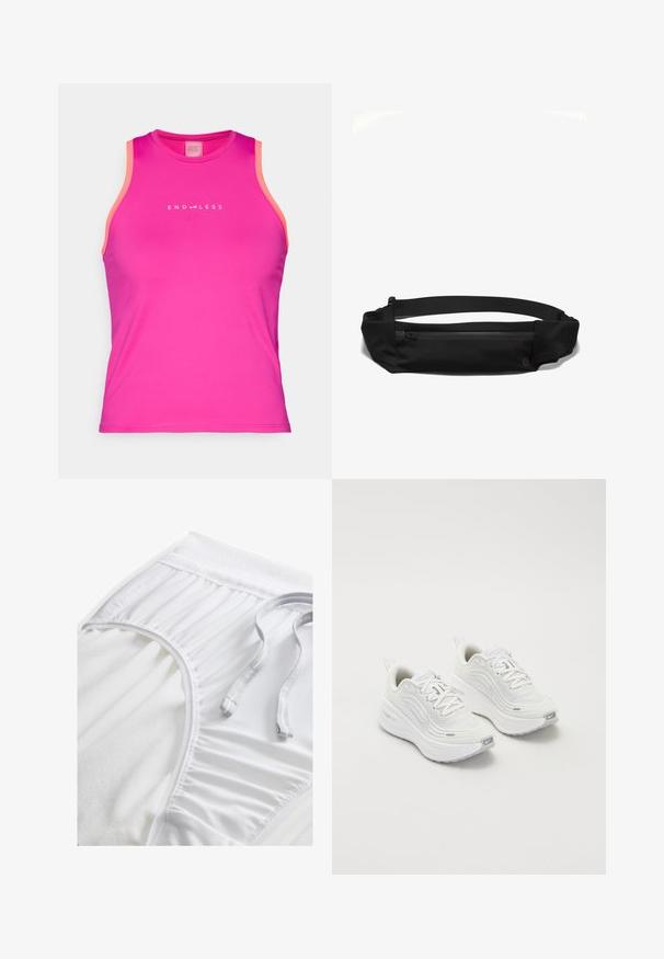 Endless ESSENTIAL - Top - deep fucsia; Bijele atletske kratke hlače s teksturiranim pojasom, nabranim bočnim detaljima i ravnim vezicom. Mekani materijal s glatkom završnom obradom.; Bijele sportske tenisice s teksturiranim mrežastim gornjim dijelom, podstavljenom potplatom i suptilnim sivim naglascima. Uključuju brendiranje i petlju na peti za lakše obuvanje.; Crni tkaninski pojasni ranac s zatvaračem, podesivim remenom i glatkom teksturom, dizajniran za udobnost i praktičnost.