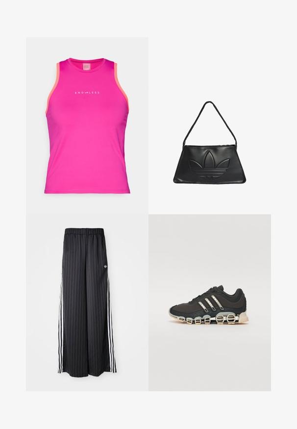 Endless ESSENTIAL - Top - deep fucsia; Schwarzfarbene, weit geschnittene Hosen mit vertikalen weißen Streifen, elastischem Bund und drei weißen Streifen an der Seite. Adidas-Logo auf der Vorderseite.; Schwarzer Sportschuh mit einer strukturierten Oberseite, drei silbernen Streifen und einer markanten Dämpfungssohle mit mehreren integrierten Sektionen.; Schwarze Lederhandtasche mit trapezförmiger Form, ausgestattet mit einem erhöhten Adidas-Logo-Design und einem dünnen Schultergurt. Reißverschlussöffnung an der Oberseite.