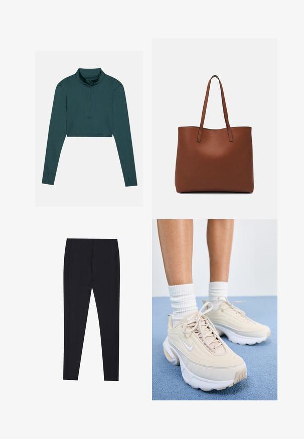 Crop top in donker teal, lange mouwen, hoge kraag met een halve rits, zachte textuur, versterkte stiksels op de naden.; Zwarte leggings met een aansluitend ontwerp, gladde textuur en zonder zichtbare patronen. Bevat zijnaad en een frisse, minimalistische silhouet.; Beige sport schoenen met een textuur bovenkant, witte veters en een dikke witte zool. Het ontwerp heeft subtiele rondingen en een klein logo.; Bruine leren tote bag met een gladde textuur, een ontwerp met een open bovenkant en twee schouderbanden. Kenmerkt zich door minimale stiksels en geen zichtbare hardware.